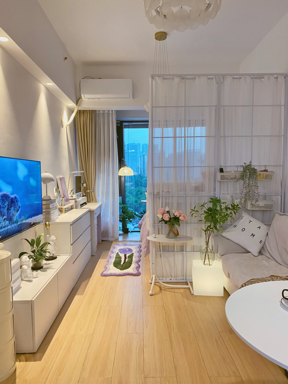 套内40平的小公寓,窄长型开间,虽然小,但是该有的功能都有,每个功能