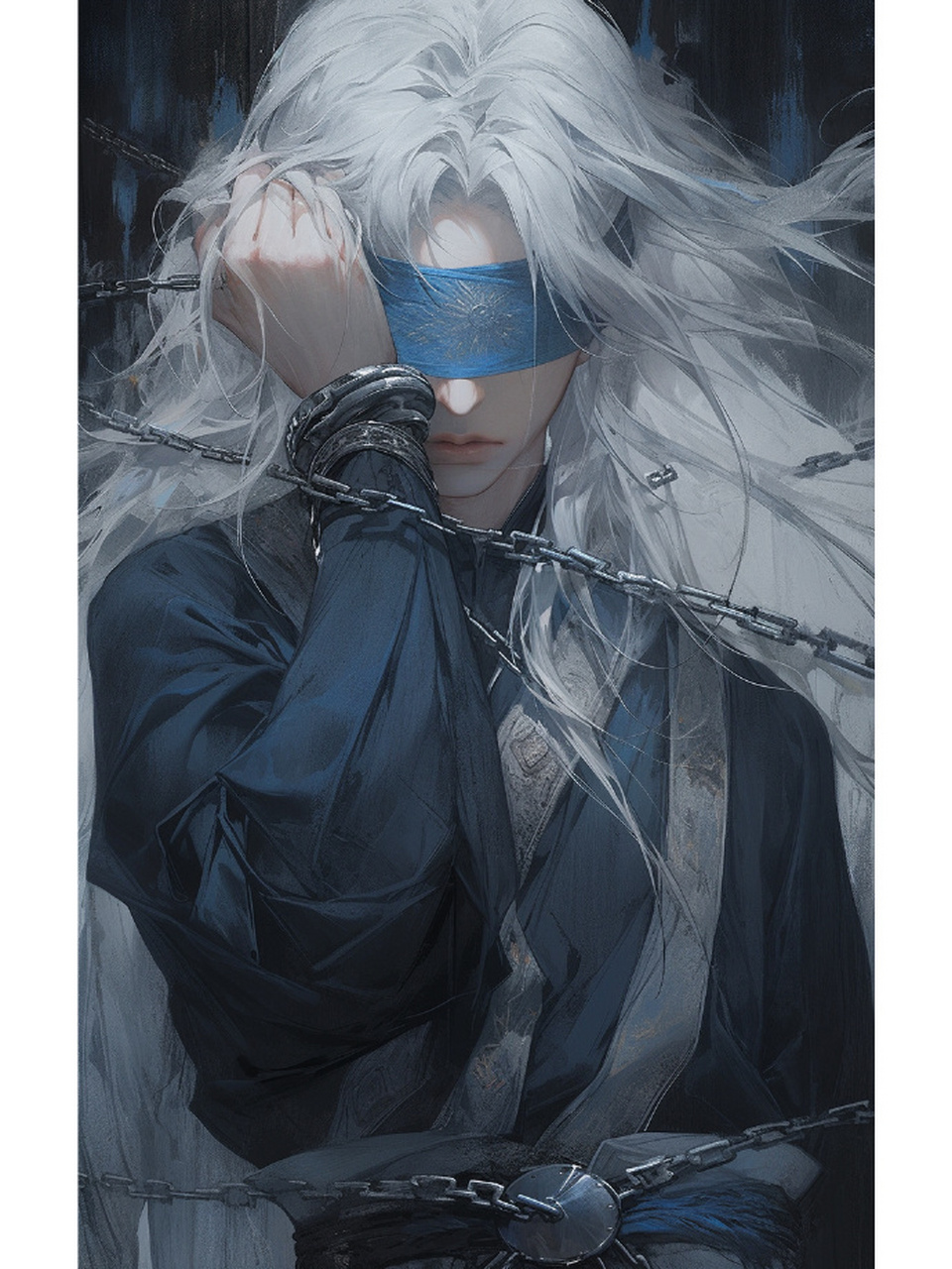 [没眼看] 被铁链锁住的古风白发美男       676767 #古风插画