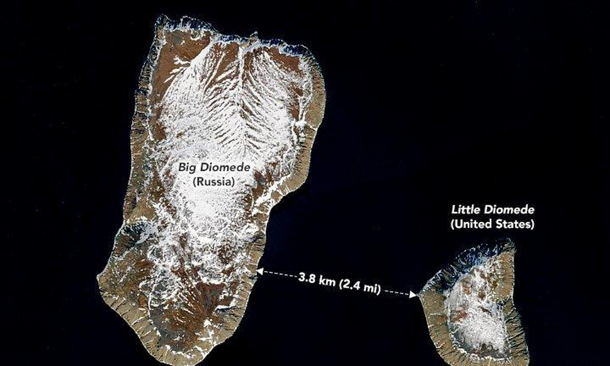 东边的岛称为小代奥米德岛,为美国的领土;这两座岛中间有条国际日期