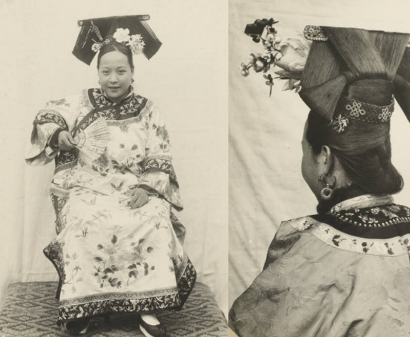 清朝老照片:旗人妇女"两把头"发型的正面与背面