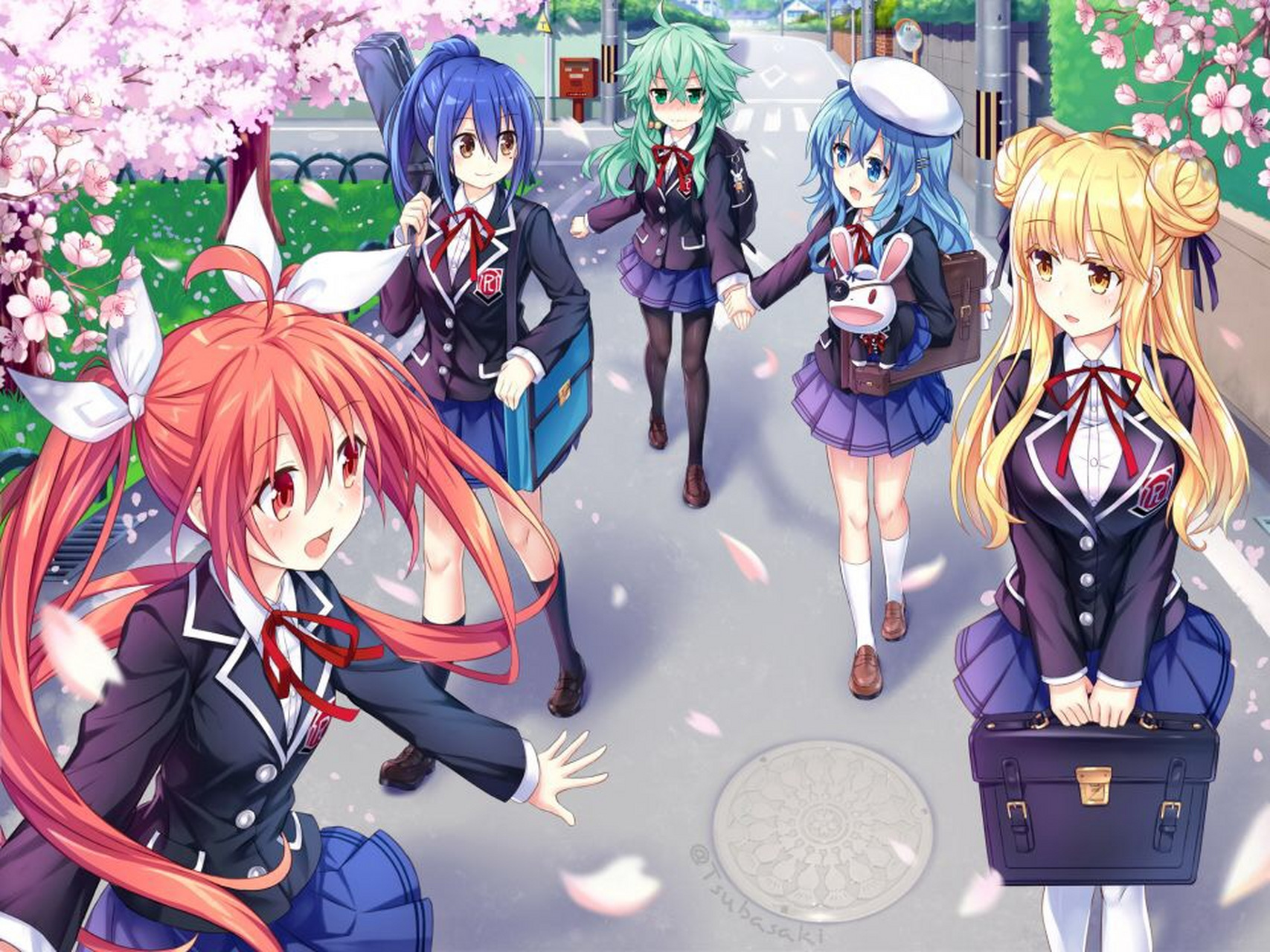 琴里,真那,七罪,四糸乃与六喰穿着校服,一起开心地去上学[鲜花]