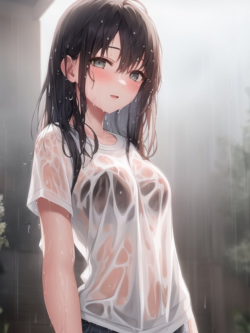 ai绘制的被雨淋湿的少女