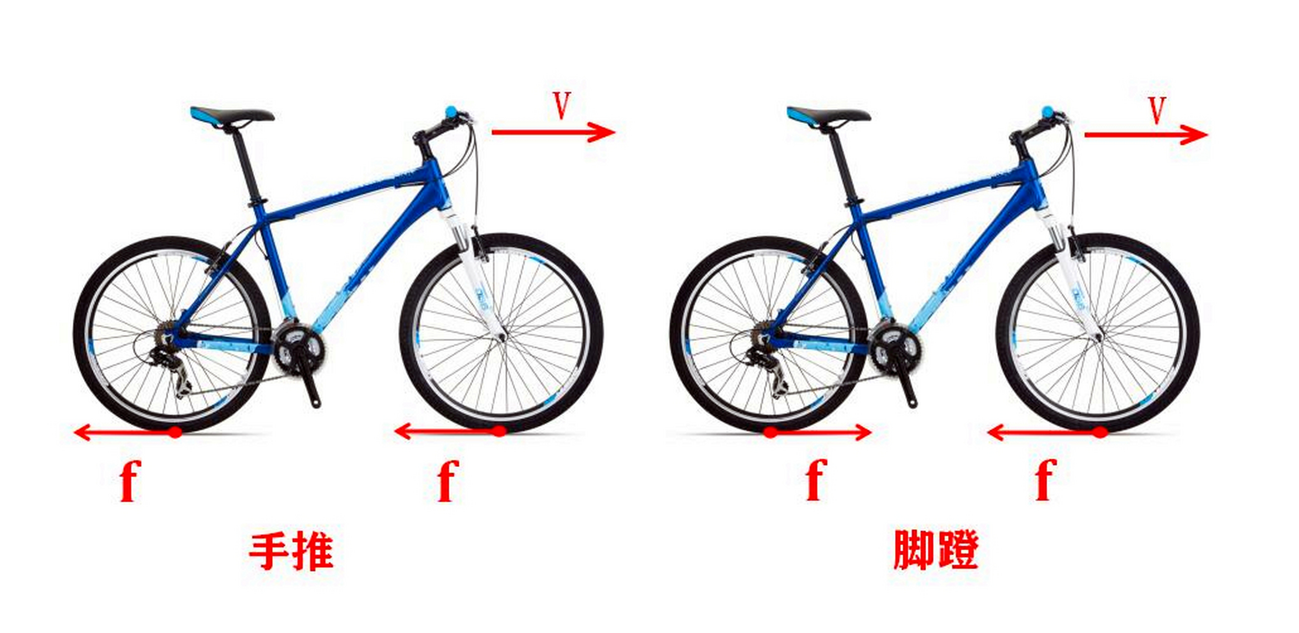 "手推"自行车和"脚蹬"自行车时,轮子所受的摩擦力分别向哪?