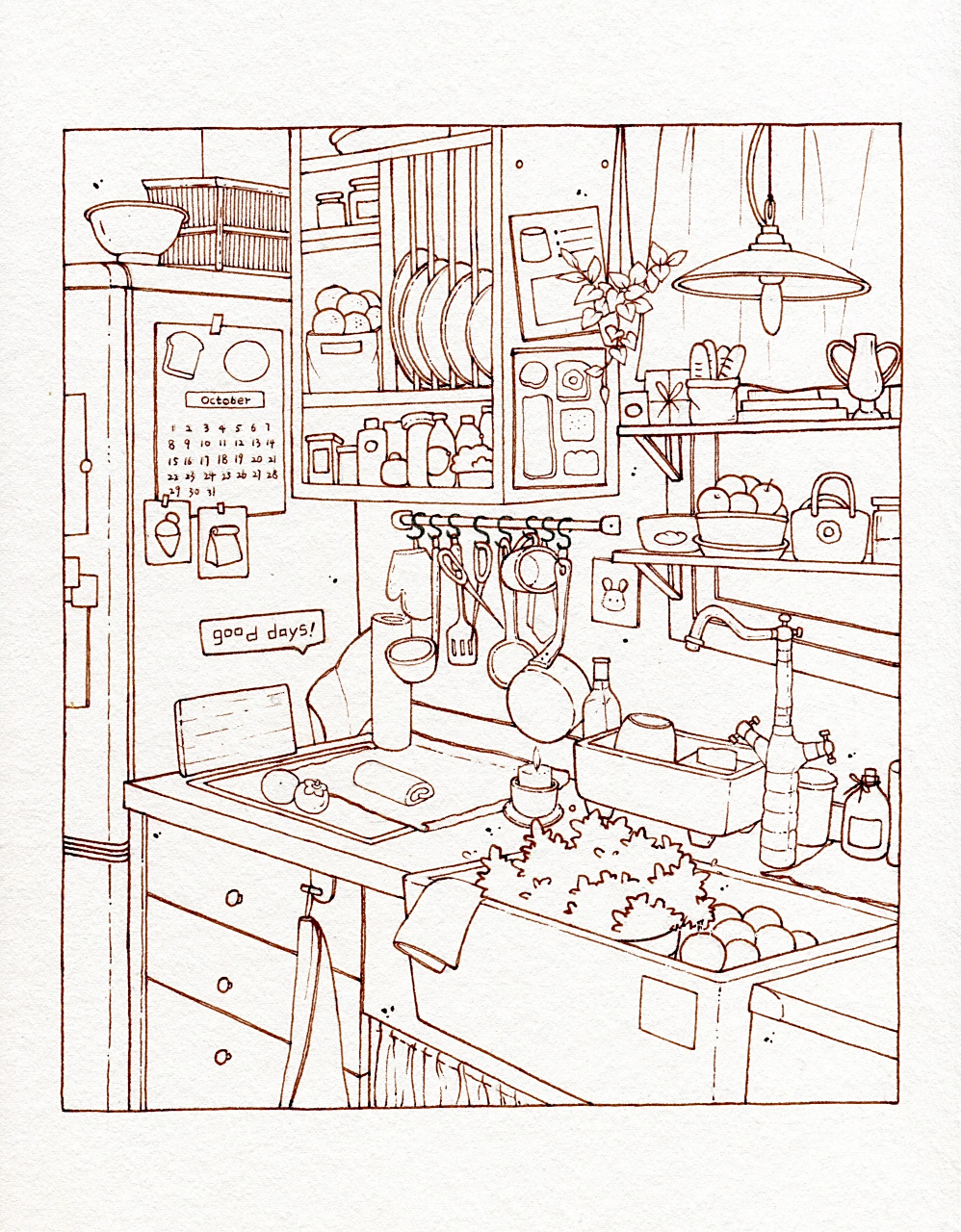 钢笔淡彩 秋日小厨房🍂