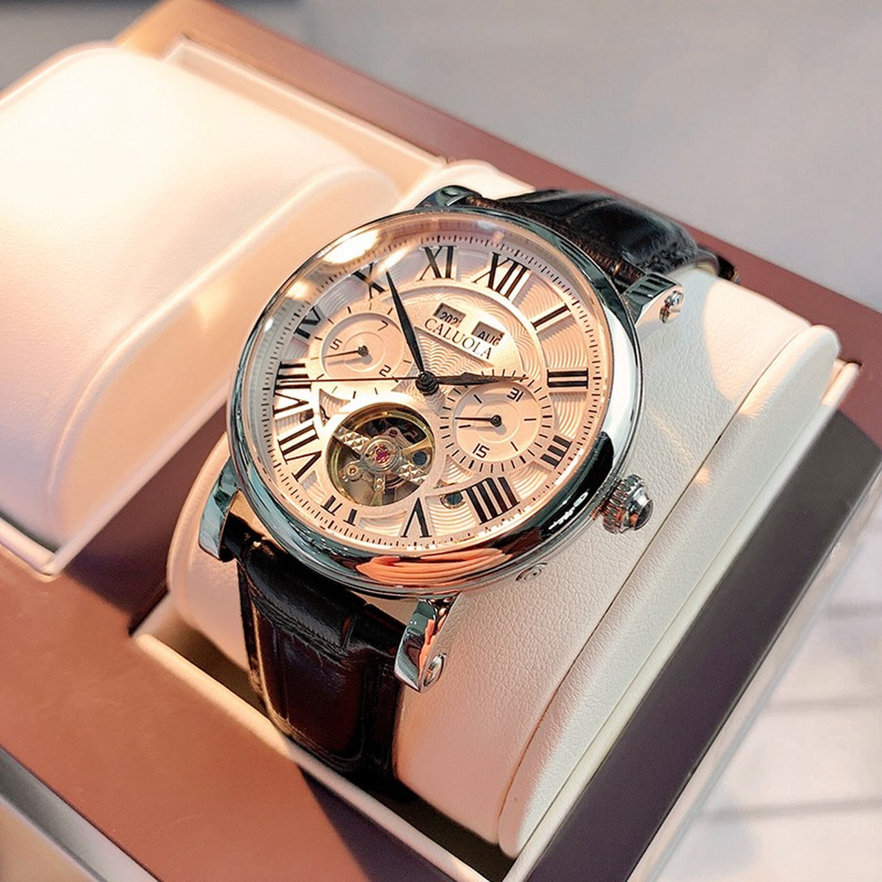 卡罗莱(caluola) 全自动机械表飞轮皮带男士手表镂空复古男款手表防水