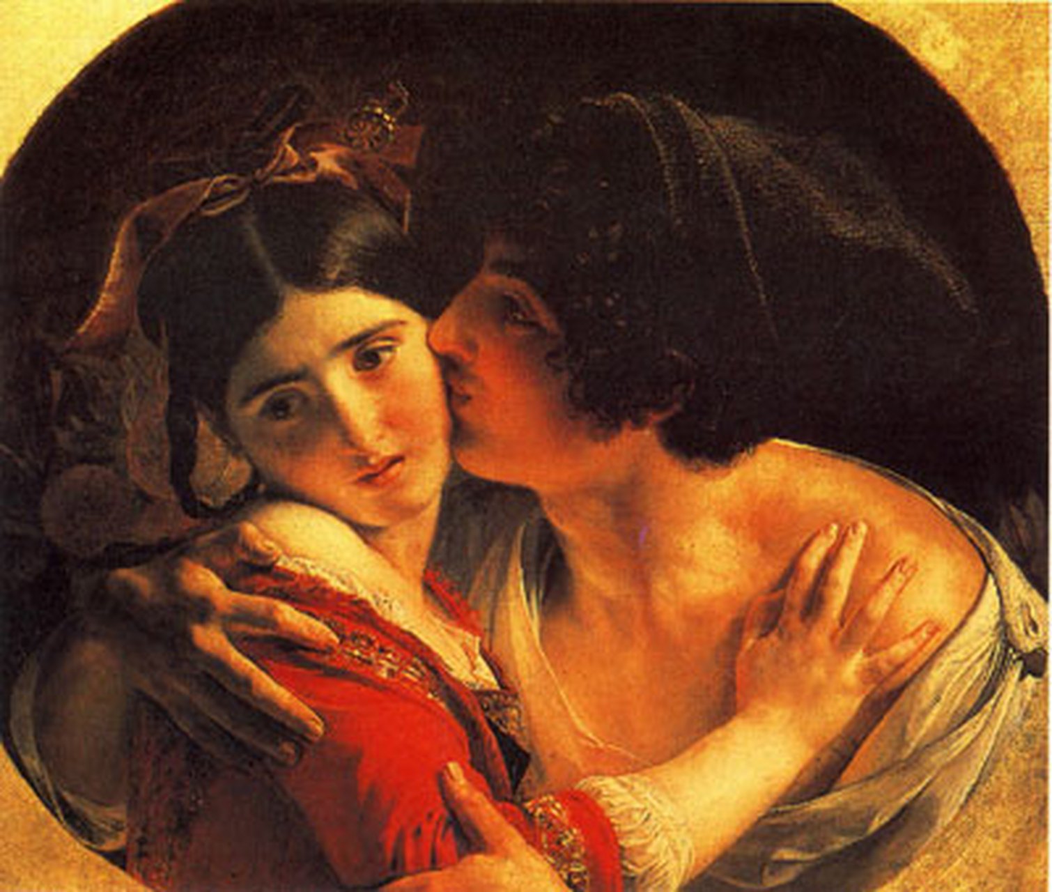 这幅画描绘了男女之间浪漫的亲吻情景,具有浓郁的浪漫主义情感和优美