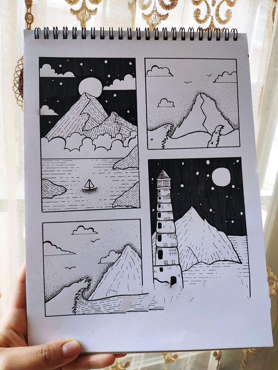 黑白风景装饰画「简笔画」	"太喜欢黑白山川风景. 会一直画下去.