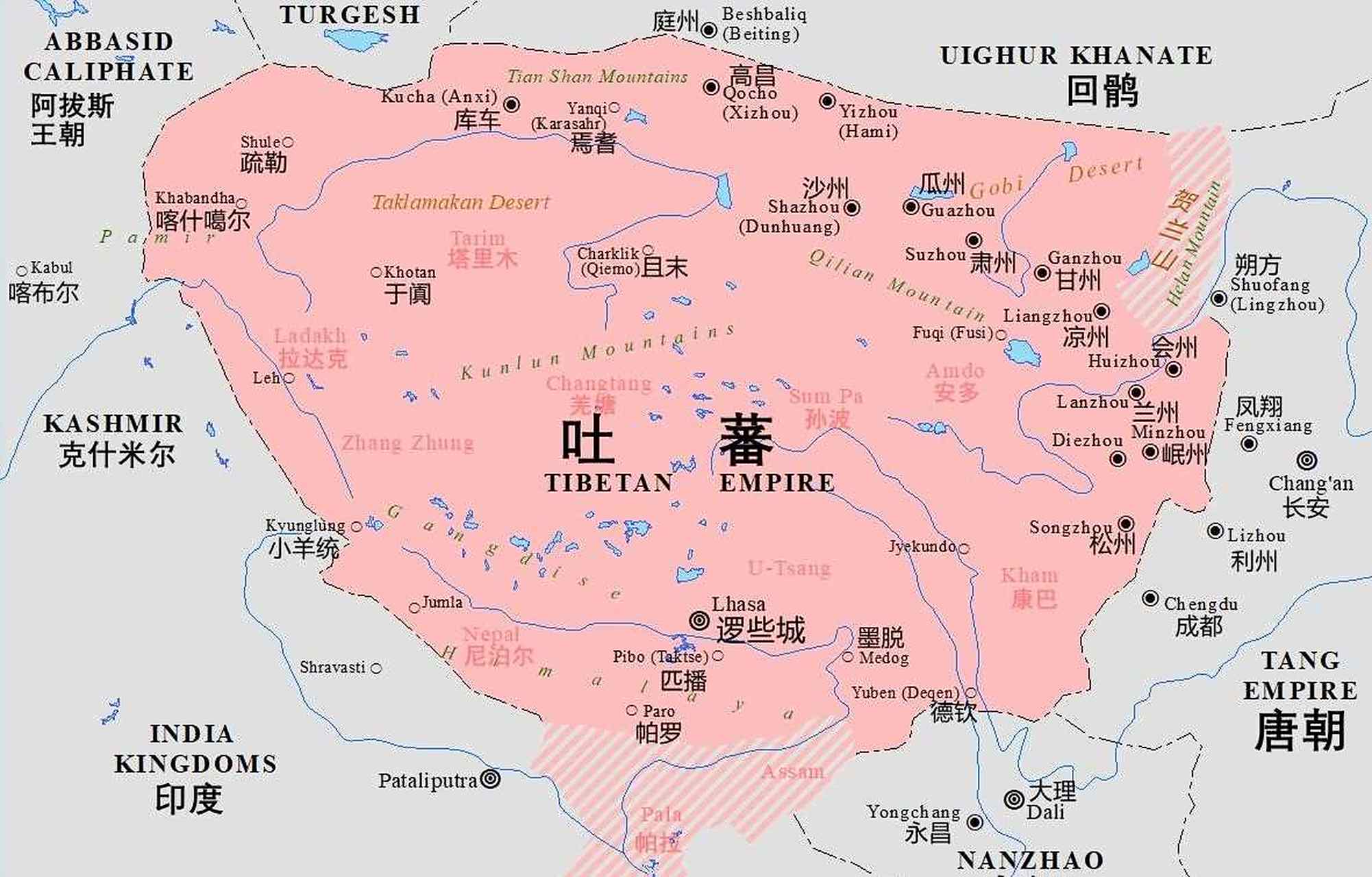 790年,吐蕃帝国在西北占据了整个西域地区,在东边占据了河西走廊