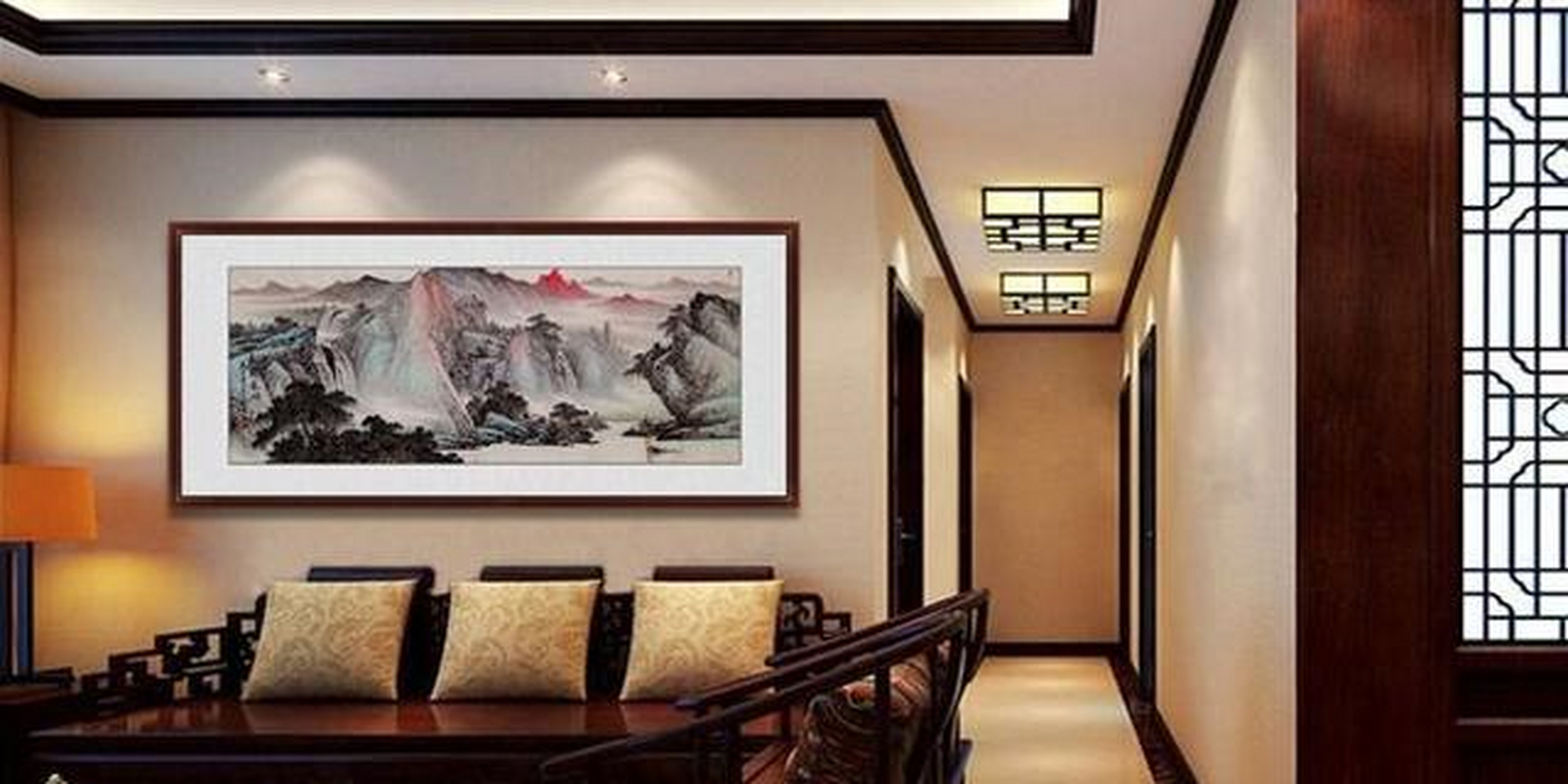 沙发背景墙装饰画1,山水自然的画面,让坐在沙发上的人仿佛置身大自然