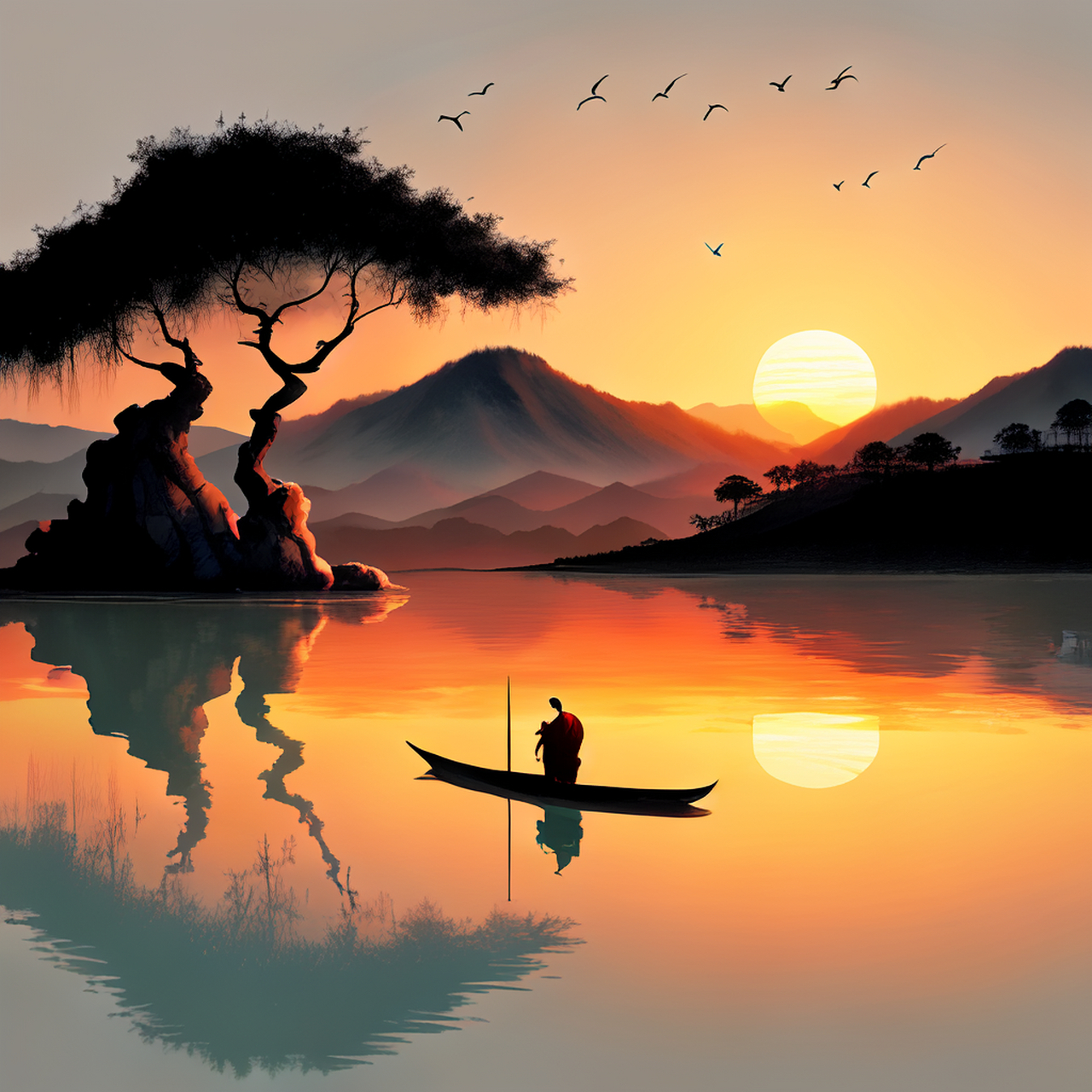 景物如初人自老,夕阳波上燕差池.安谧,朦胧,中国风#百度文心一言来了