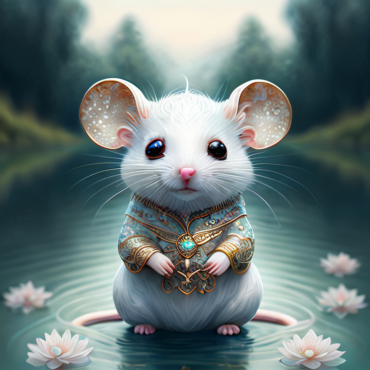 高度详细的美丽的白色古代中国神话可爱的拟人老鼠设计,闪亮的鳞片