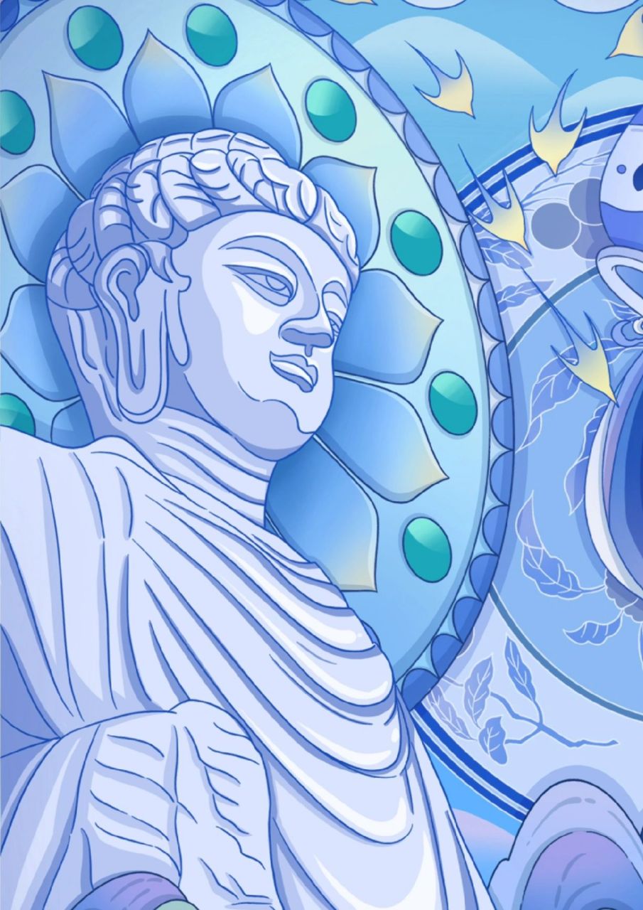 城市国潮插画|洛阳龙门石窟  运用色彩构成的原理,把握整体画面的对比