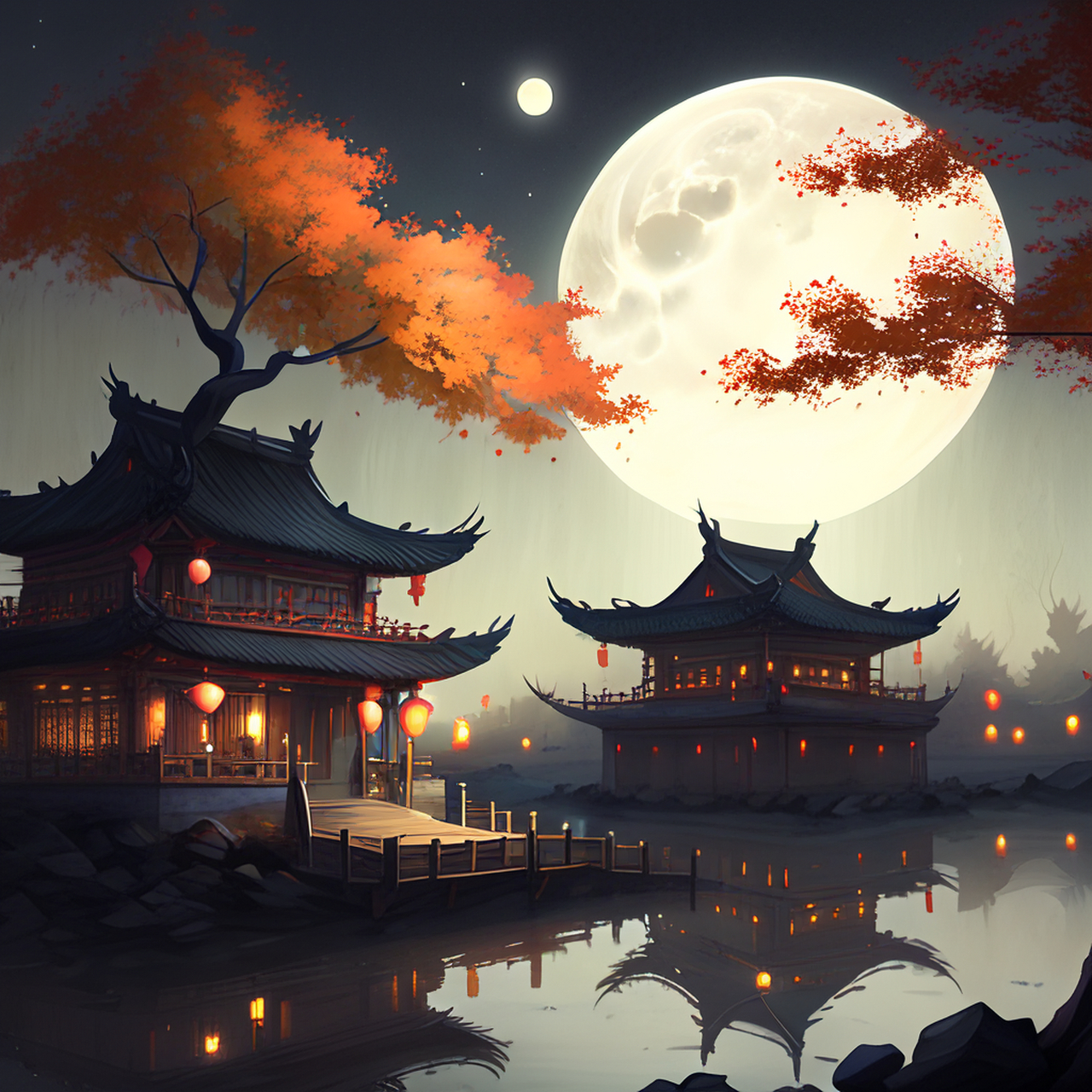 古风绘画,中国风,描绘古诗词,古典美.中分九秋夜,占断百宵明.