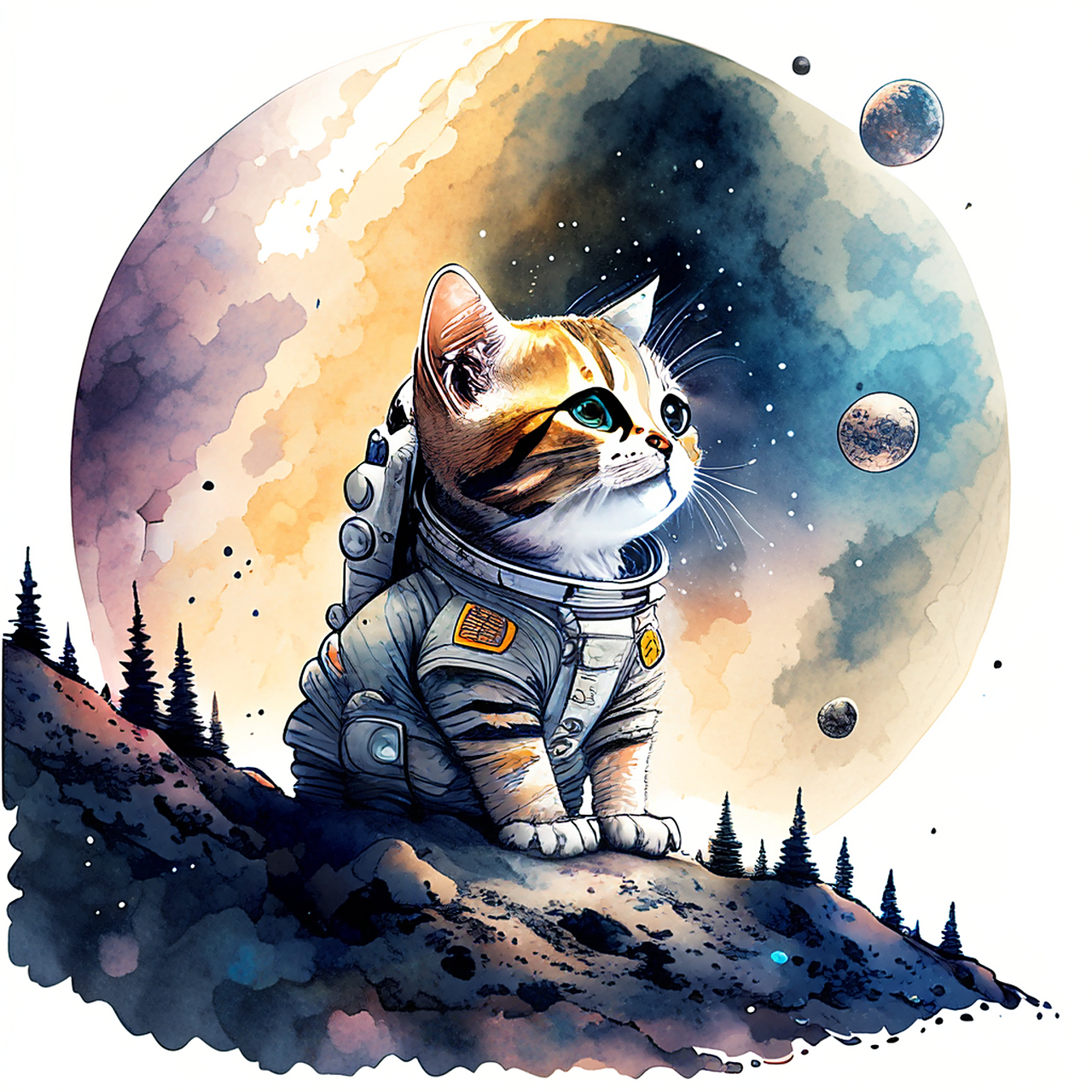 在遥远的外太空,一只名叫小星球的猫穿着特制的猫型宇航服,漂浮在无