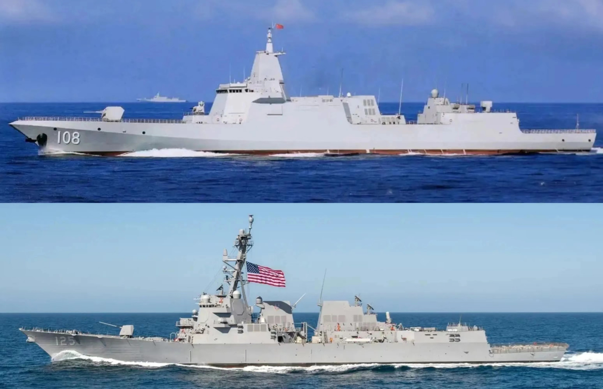 中国海军最新服役的055型导弹驱逐舰,美国海军最新服役的阿利伯克3级