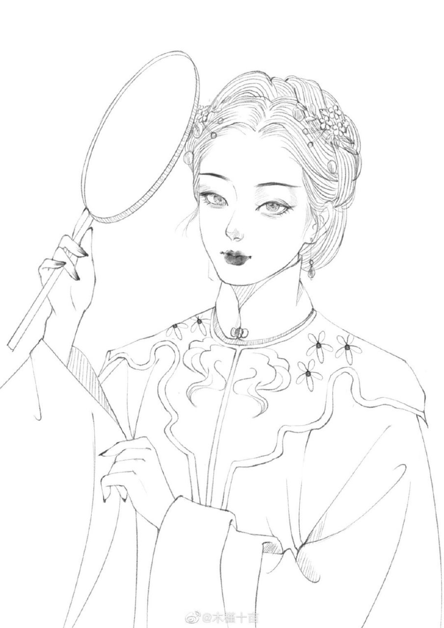 [樱花]汉服美人线稿插画[樱花 画师:木槿十亩 近城远山,都是人间.