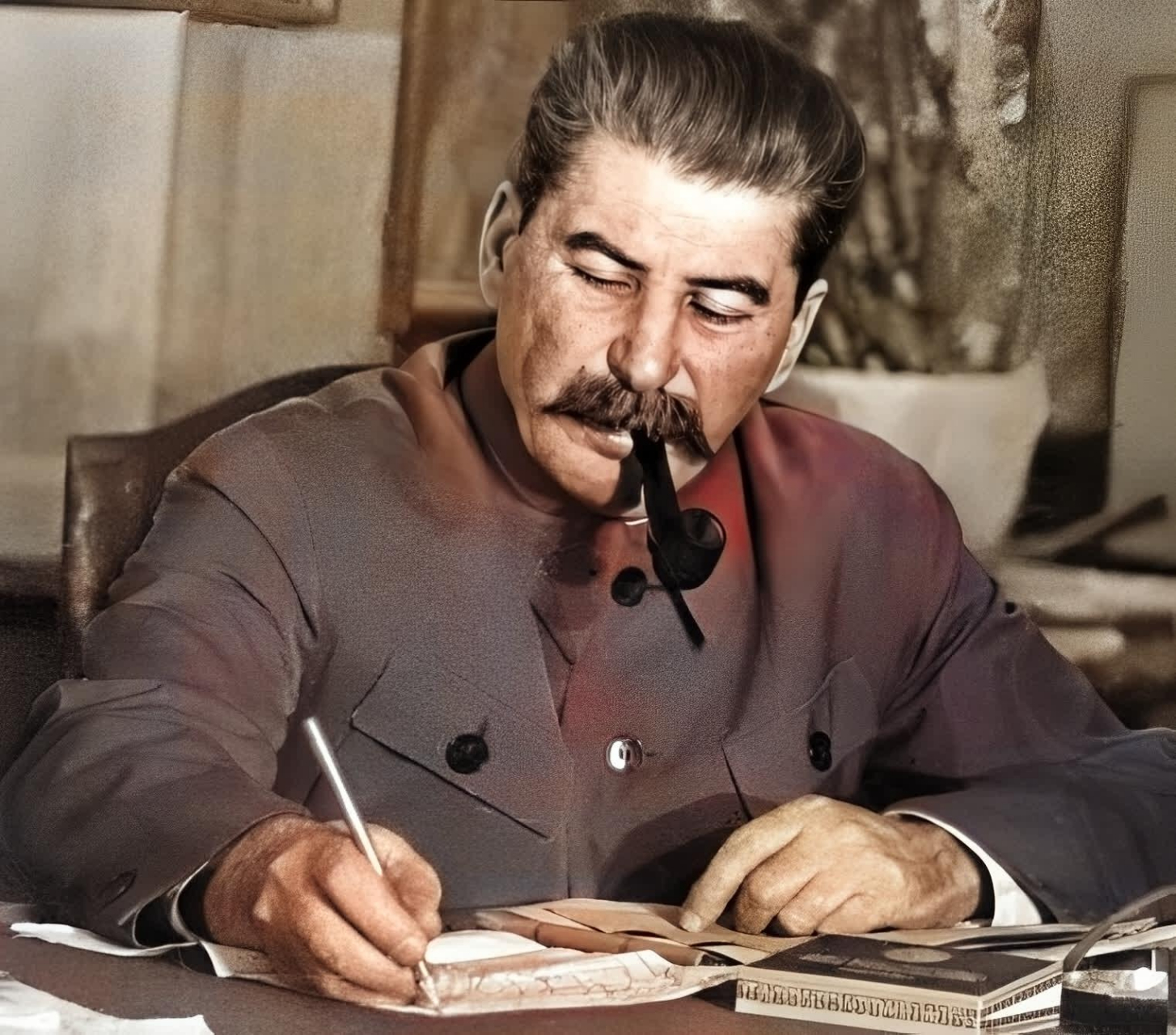 1932年53岁的斯大林坐在一间会议室里,情绪高昂!