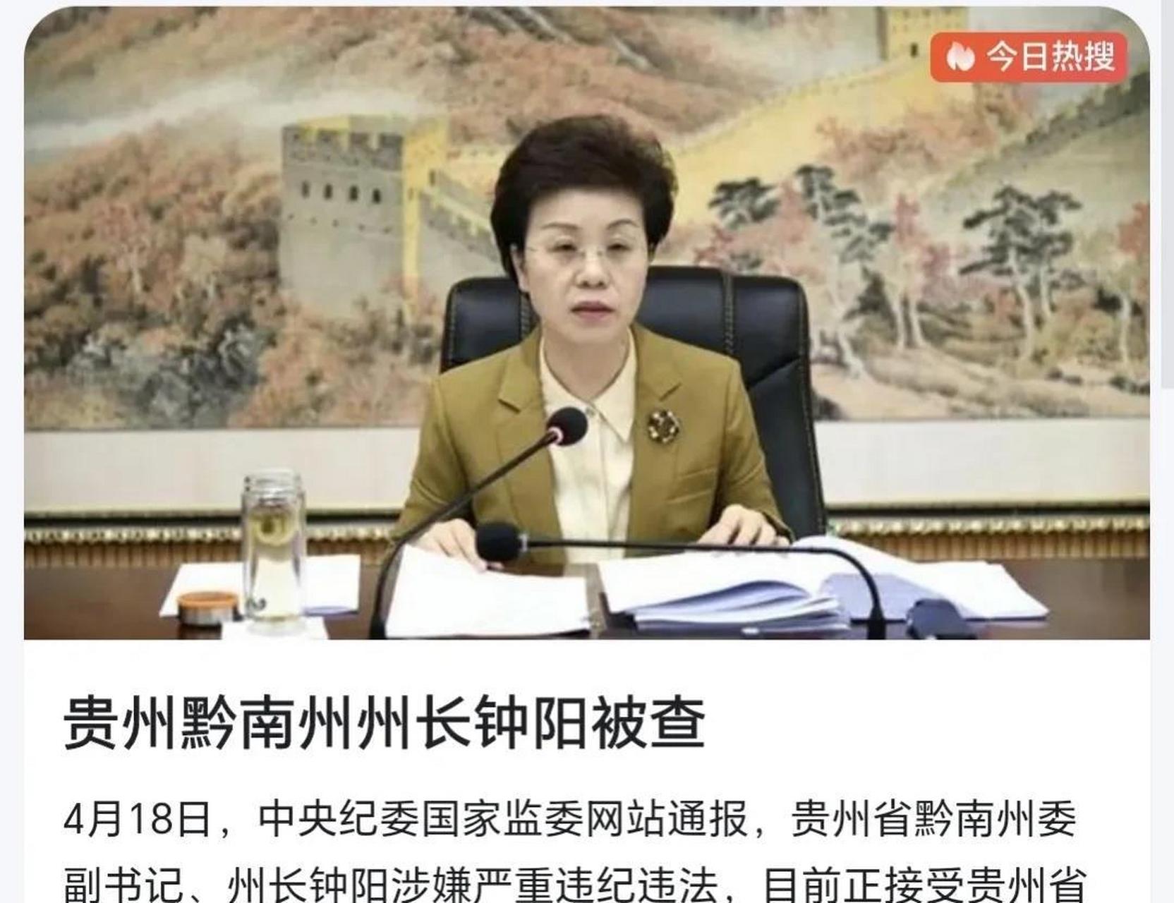 4月反腐第一女老虎:贵州省黔南州州长钟阳被查!