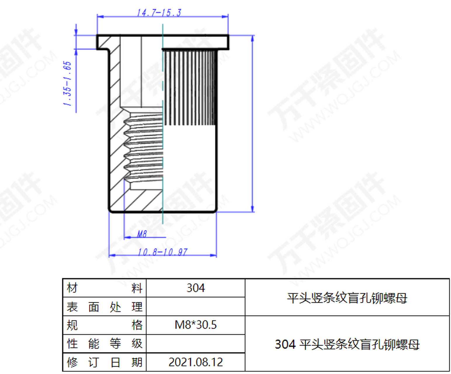 這種規格的平頭豎條紋盲孔鉚螺母鉚接後的長度是23mm.