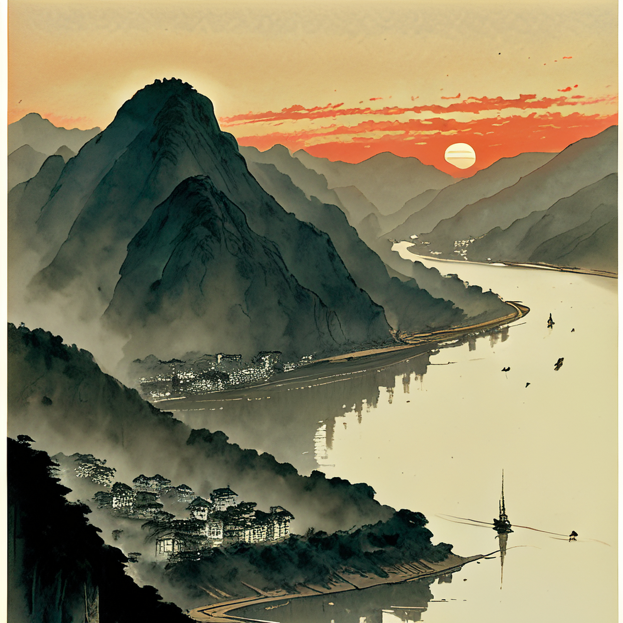 古风绘画,中国风,描绘古诗词,古典美.晓色千樯去,长江八月时.