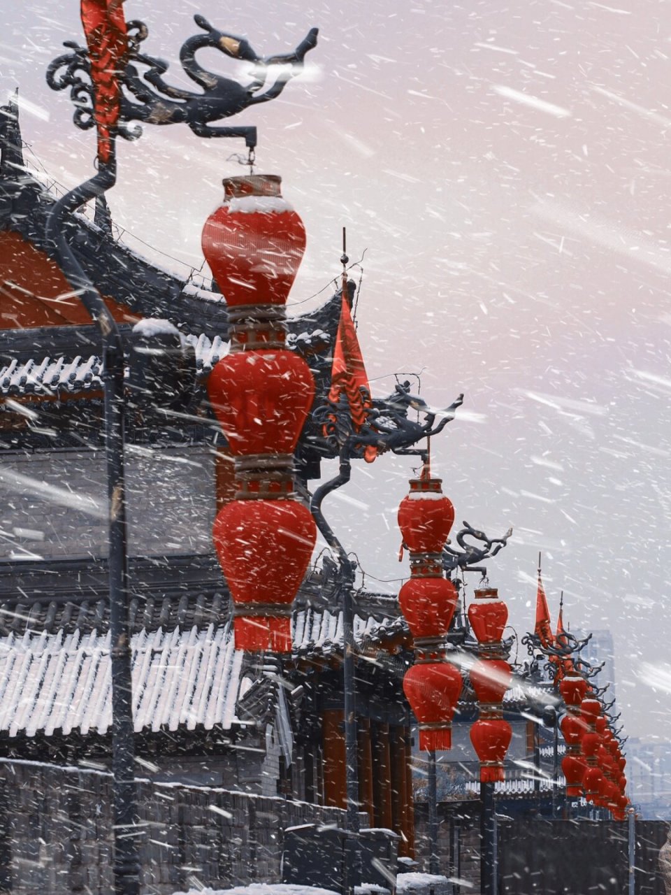 西安古城雪景图片