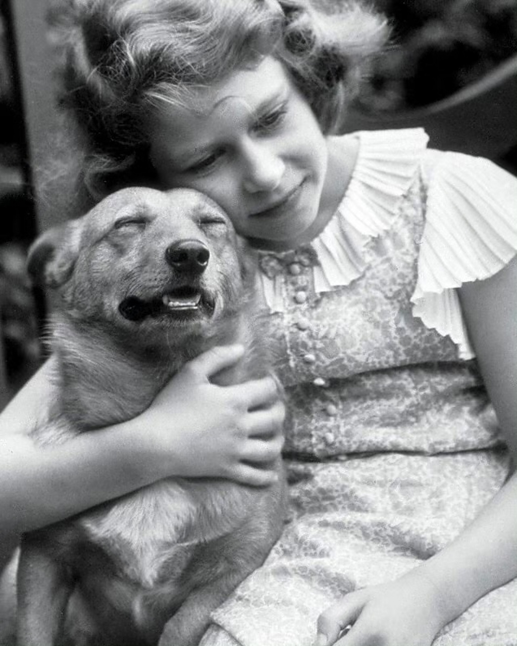 童年时期的伊丽莎白二世和她的柯基犬.