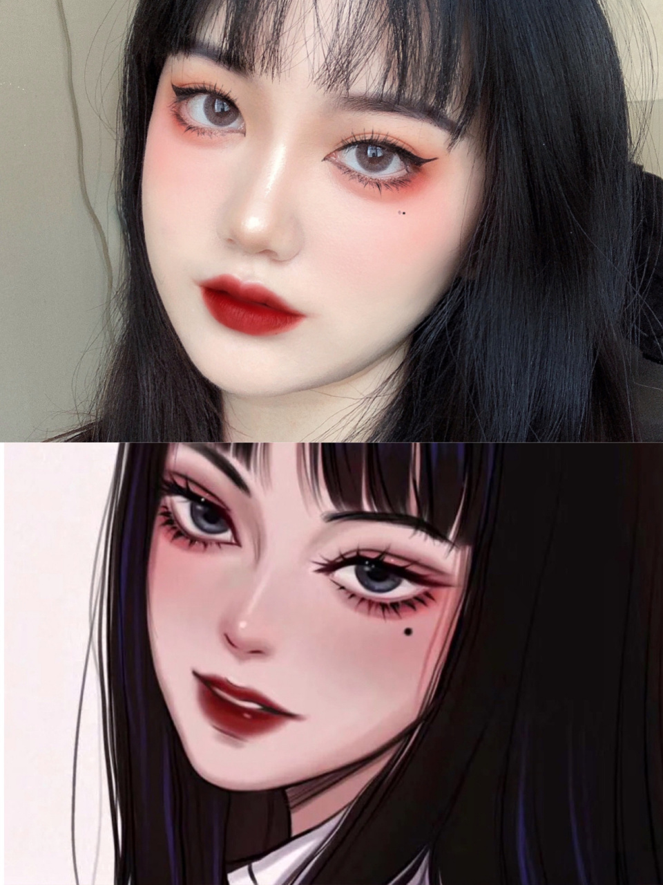 富江仿妆来了 眼妆的要点就是眼尾要上挑和眼下的泪痣 眼影用南瓜色