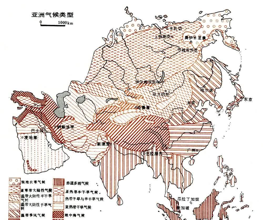 亚洲气候分布图平面图片