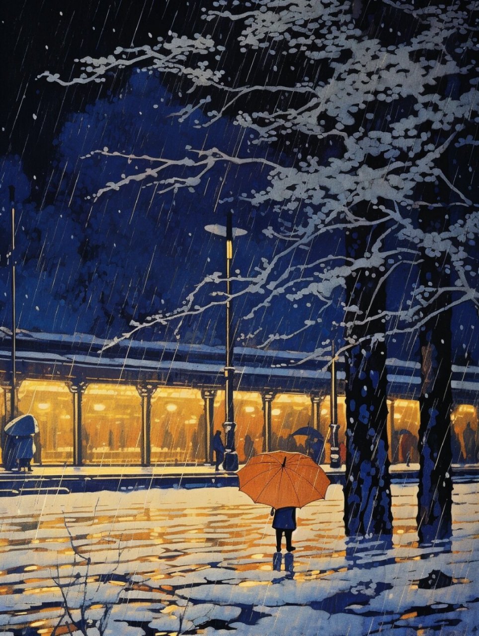 油画分享 克莱因蓝的雪夜独行  这幅油画以其独特的色彩和氛围吸引着