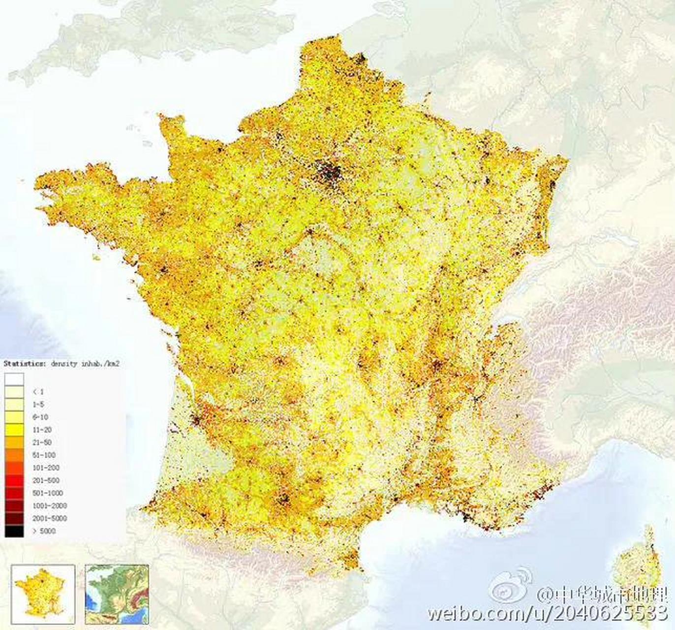 一城独大的法国:这是一张法国人口密度图,巴黎人口密集程度非其他地方