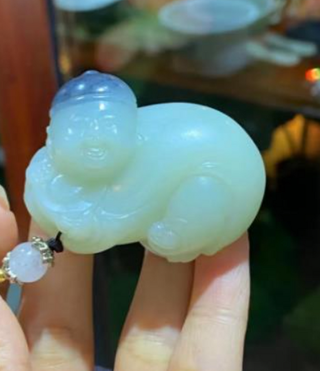 点击头像看直播##和田玉#和田玉青花籽招财童子挂件!