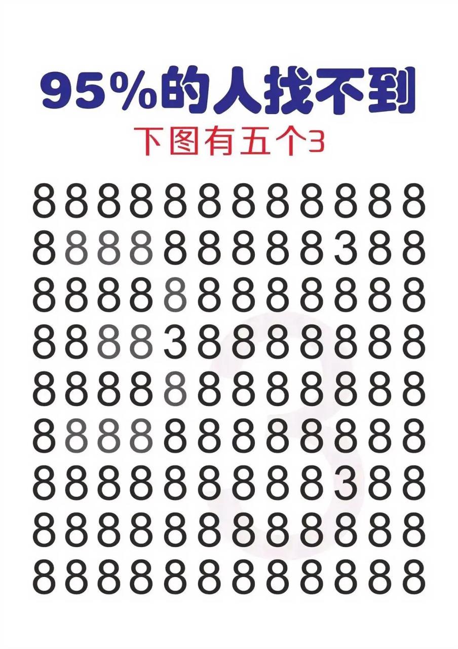 考眼力:高难度数字找不同游戏,数字8中藏了五个3,我猜你只能找到3个