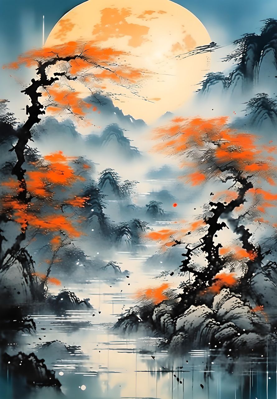 碧水倒映天边月,风吹草动舞轻摇#水墨画#水墨风#古风#中国画