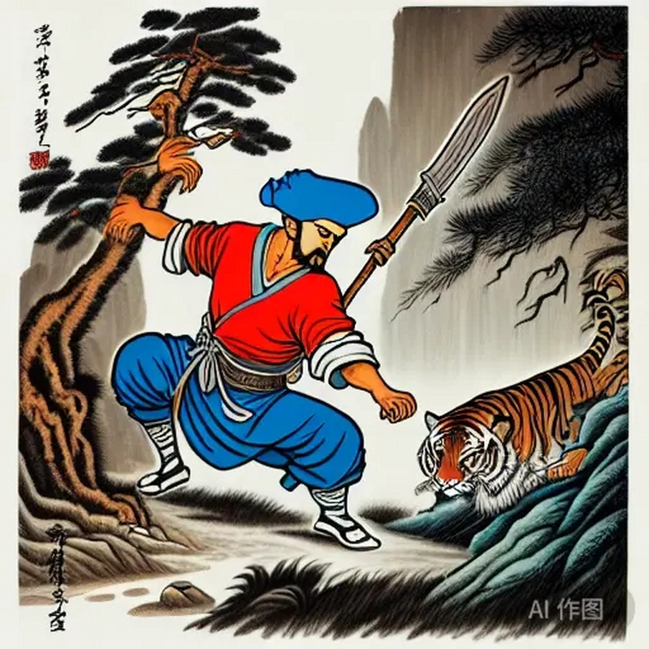 用百度ai画了好多次的武松打虎图,画风都是一样的,感觉不像武松打虎
