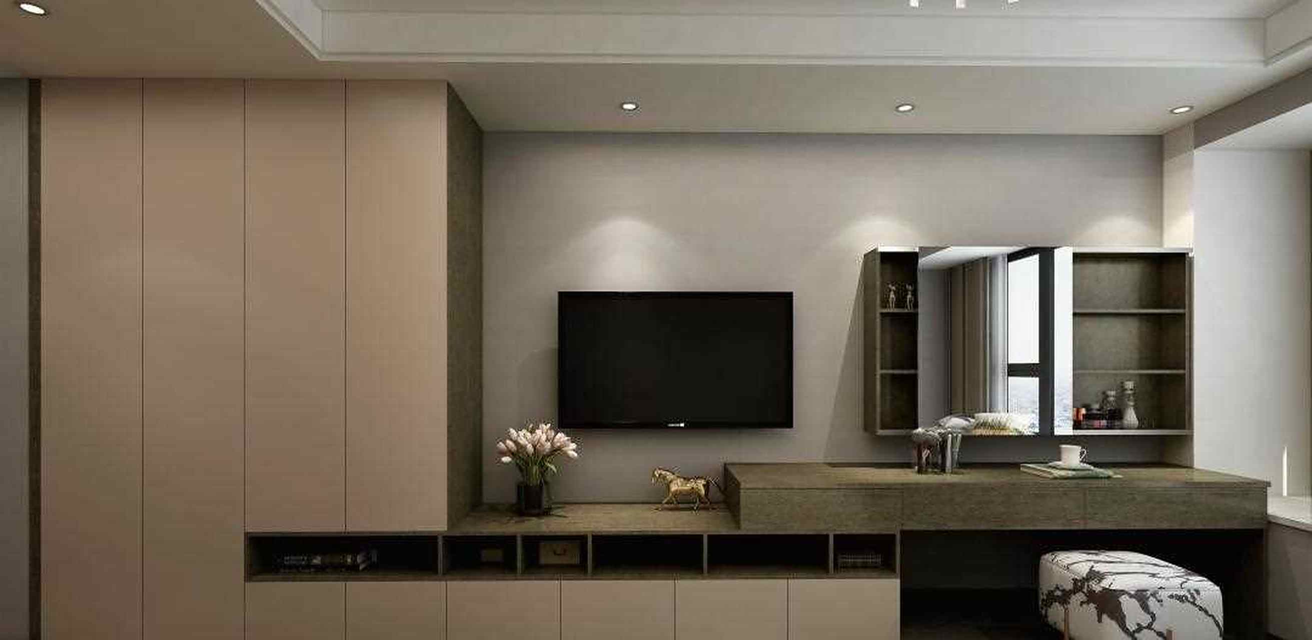 电视柜,衣柜,梳妆台连在一起,两款花色搭配,好看又实用.