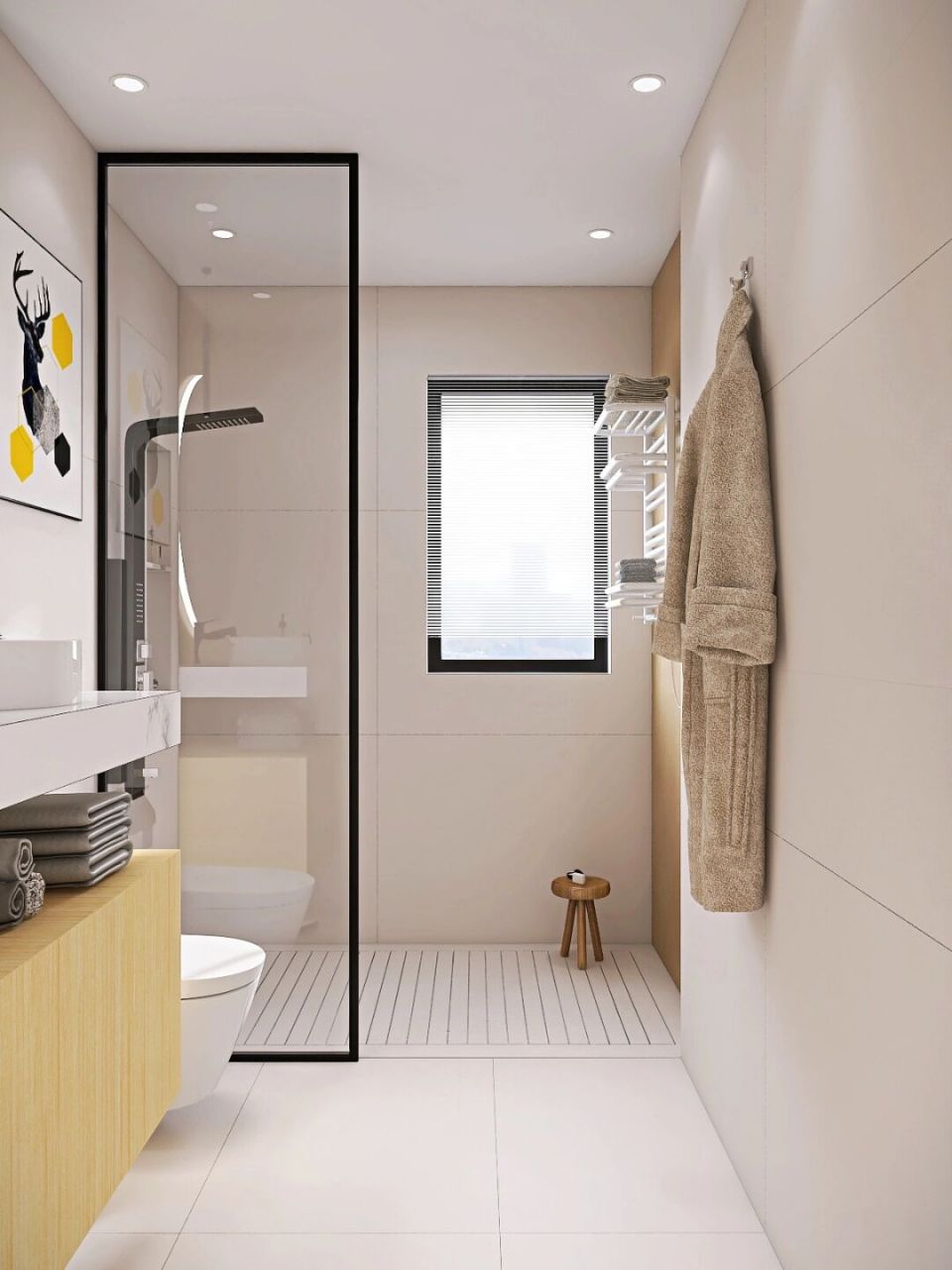 原木色瓷砖,纯白和原木交替,舒服自在,巧用跳色黄色,整体空间布局融洽