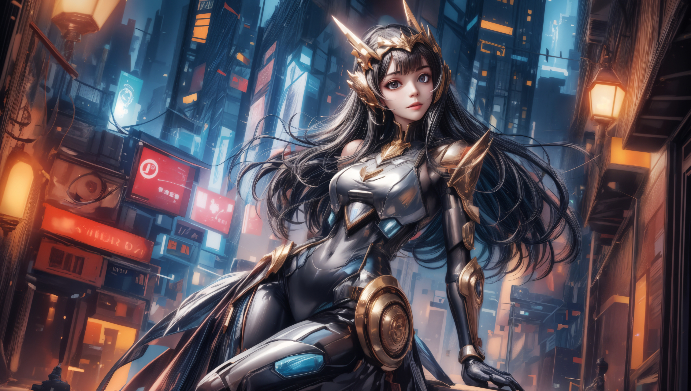 ai美女壁纸# 每日ai美女秀	在一座充满未来科技感的赛博朋克城手行