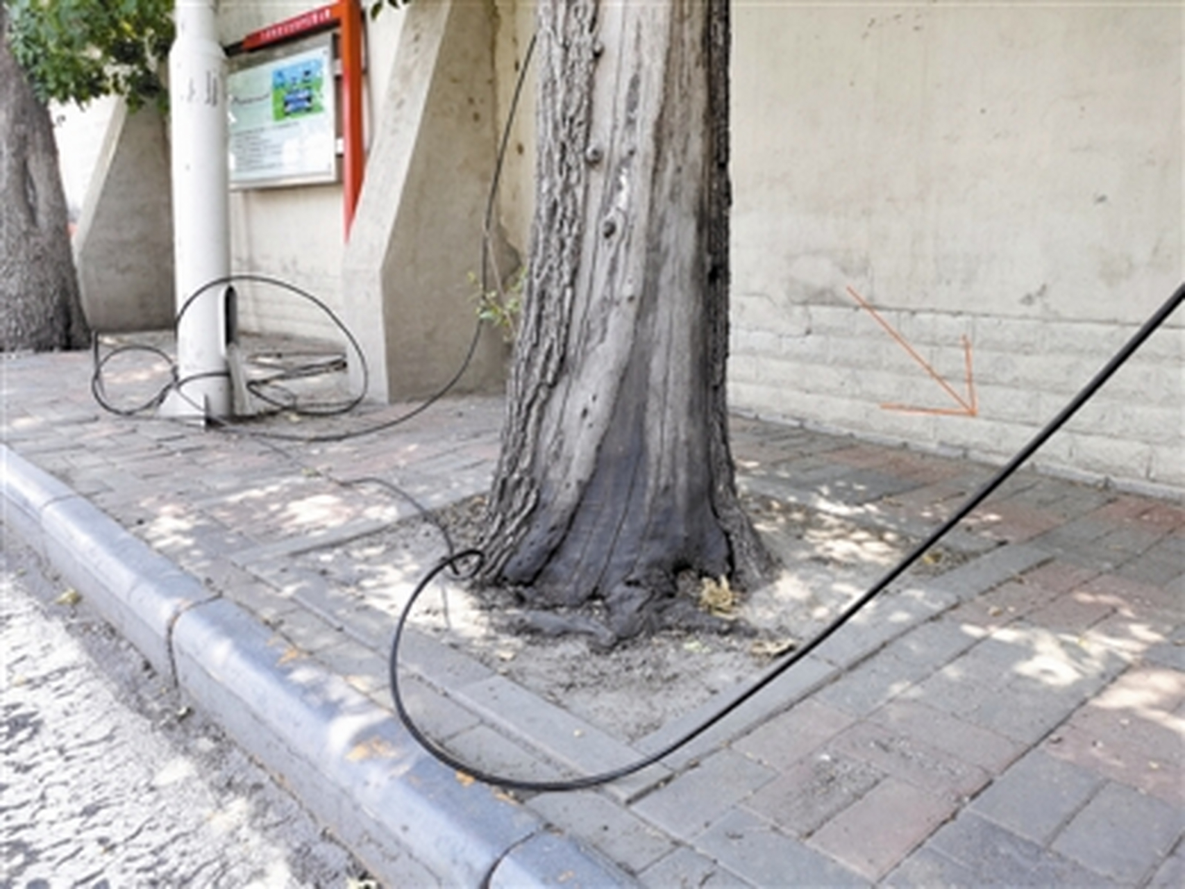 天津河东区六纬路与大直沽十号路交口:线缆垂落人行