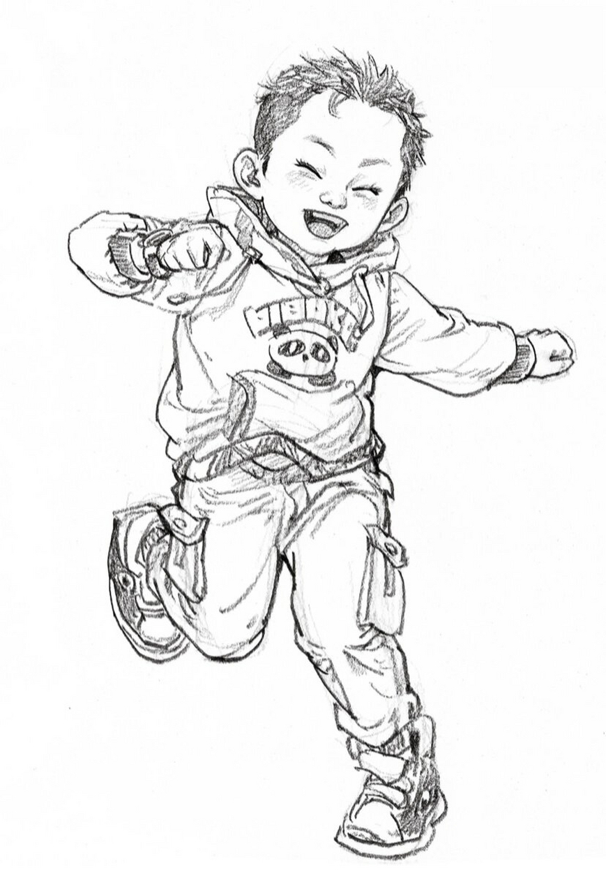 在场景速写中,描绘小孩可以为画面增加生动的氛围,并
