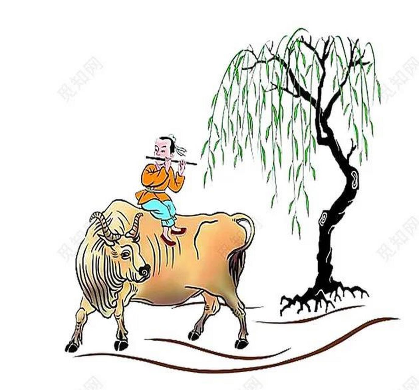 牧童横笛倒骑背,笛声悠阳飞. 残阳归,牛也归.