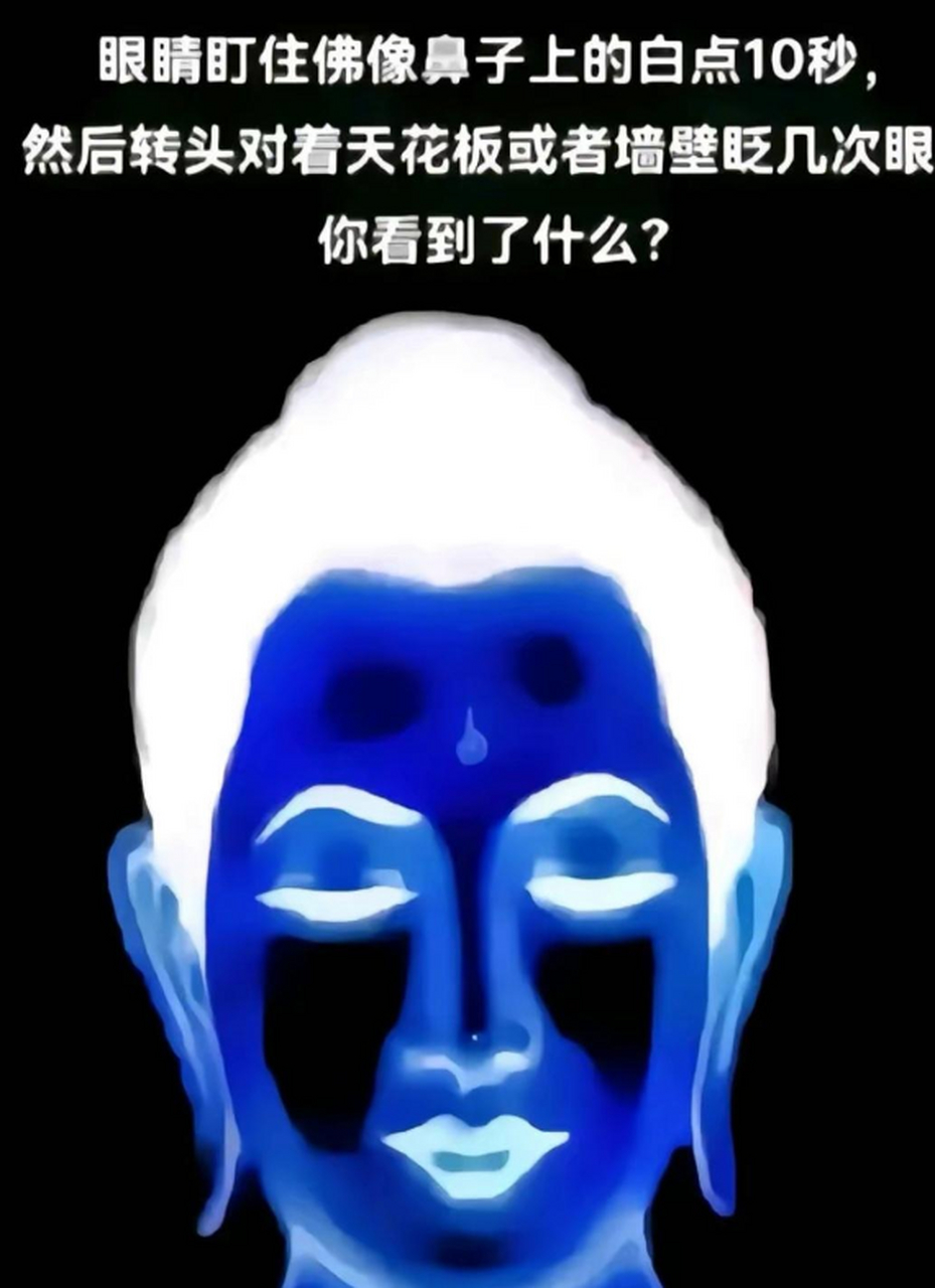 眼睛盯住佛像鼻子上的白点十秒,然后转头对着天花板或者墙壁眨几次眼