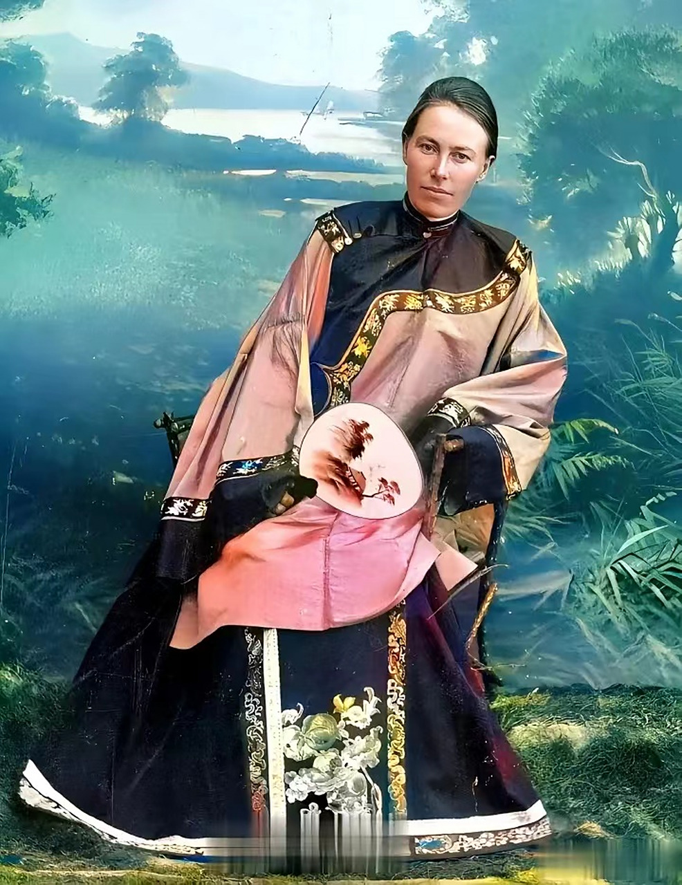 晚清时期,一位丹麦女传教士身着清朝汉族女子的服饰,摆出姿态拍照.