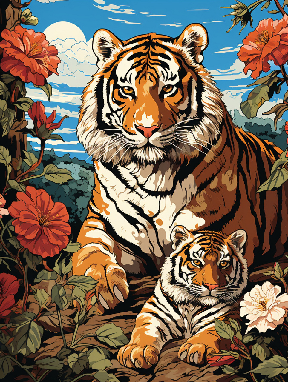 关键词 lino cut of a tiger, reddish - brown hair, black