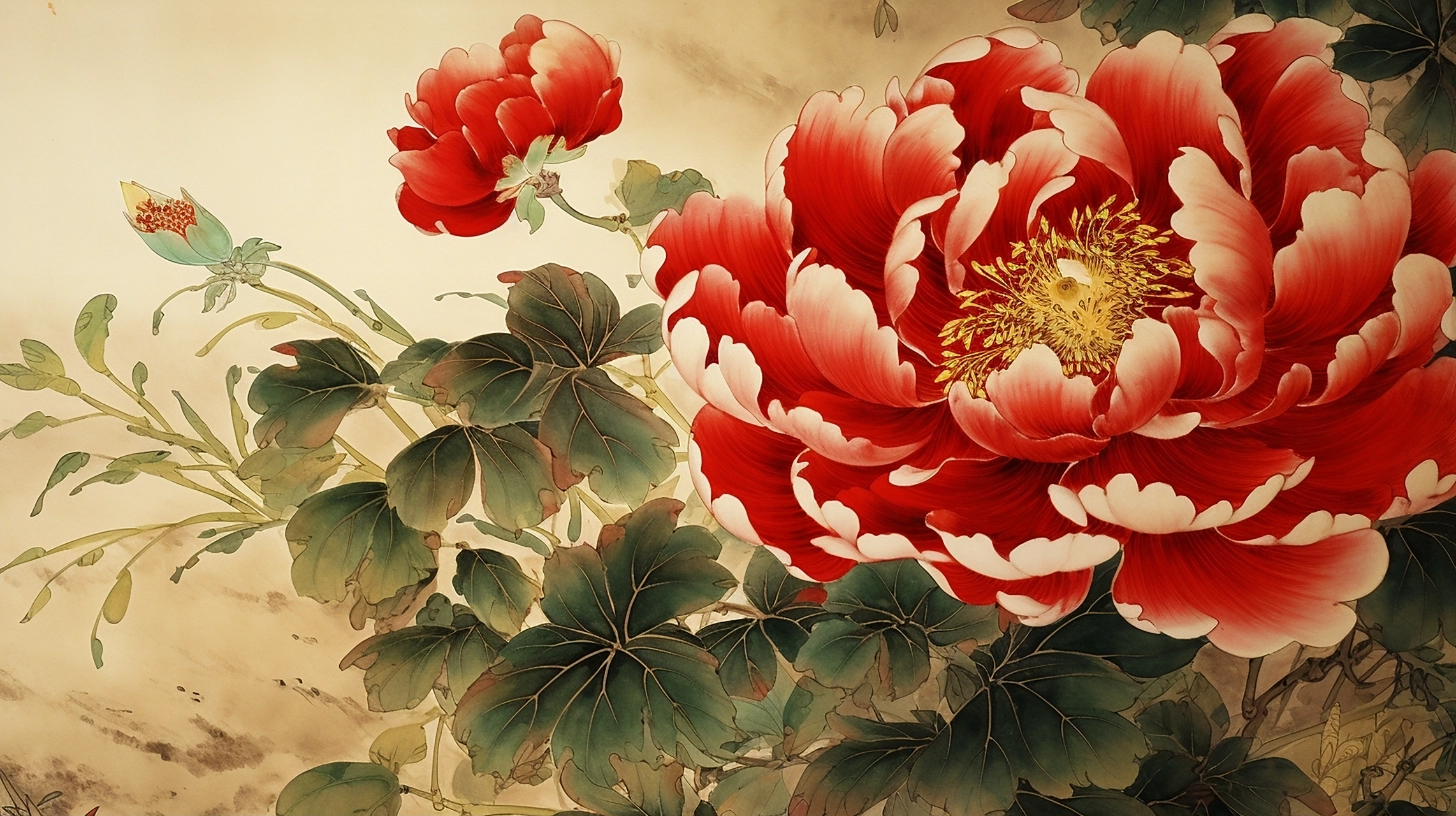 ai绘画:关键词(中国画 牡丹花 关键词:墨线描绘,圆润饱满,五瓣花,红色