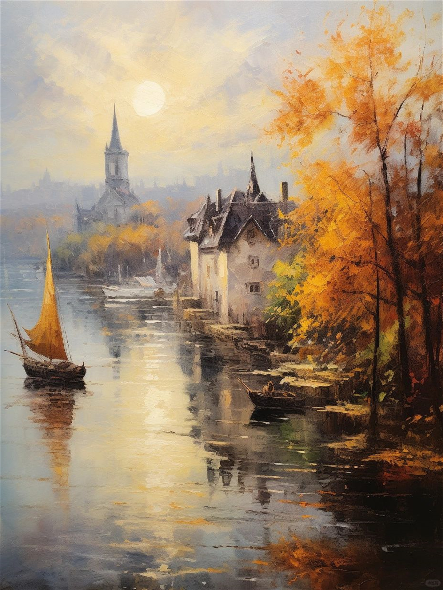 港口中世纪油画风景高清中世纪油画作品多瑙河油画中世纪船只图片大全