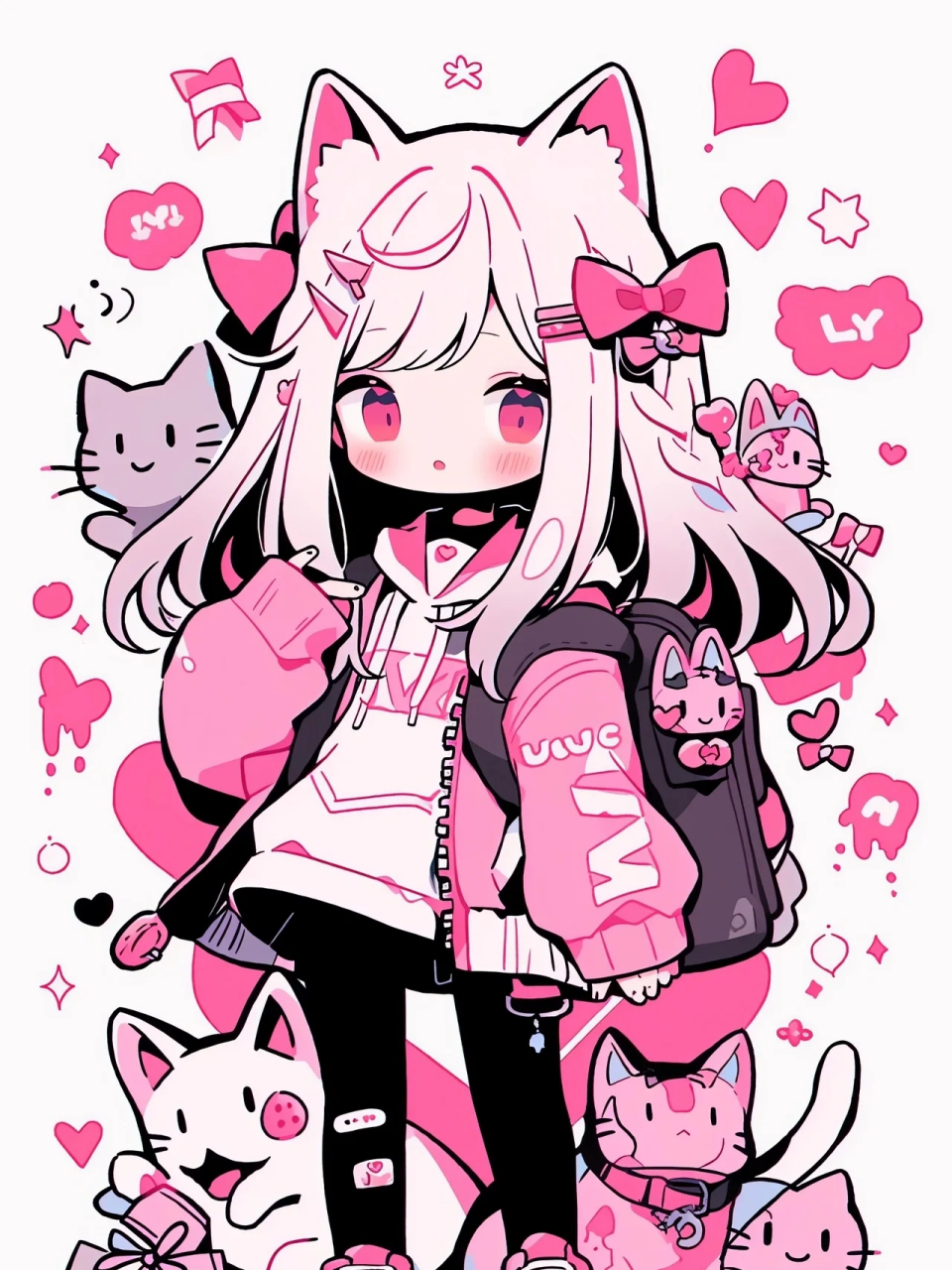 midjourney粉色系涂鸦可爱猫系女孩  我变身啦!