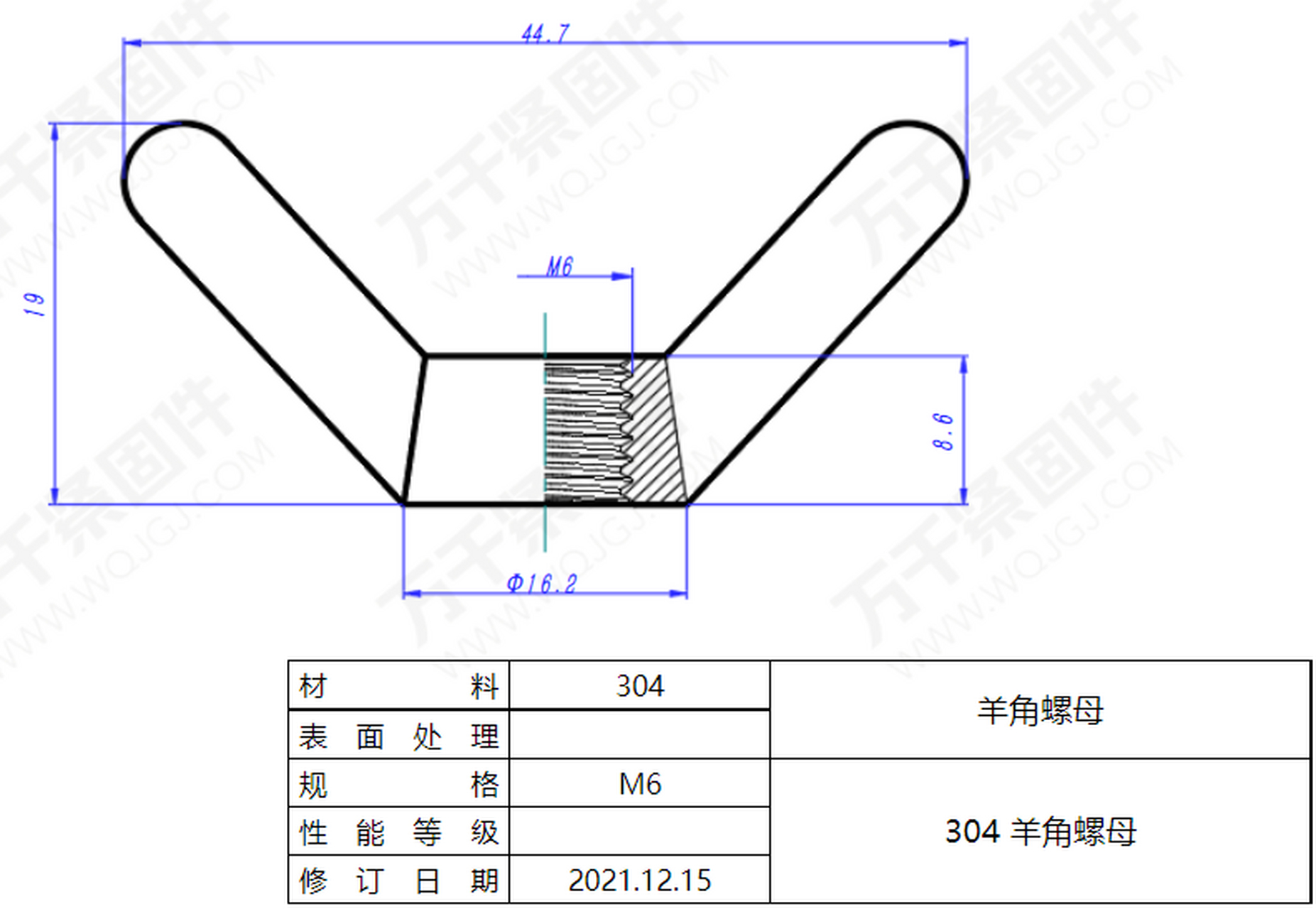 今日紧固件设计图分享:可以手拧的羊角螺母,也叫蝶形螺母,304材质,m6