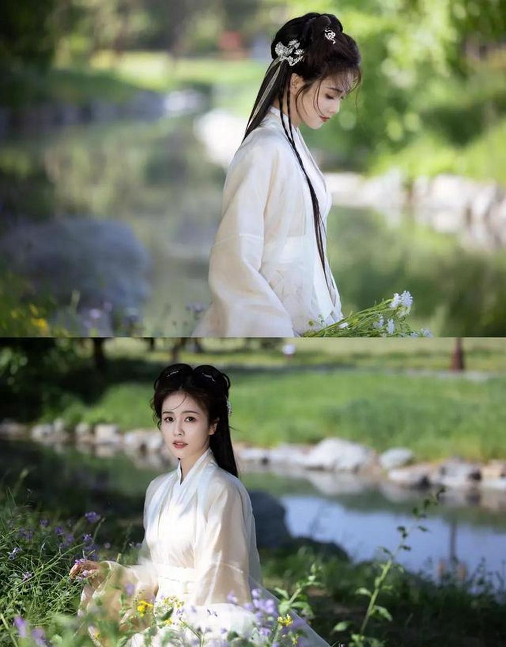 小仙女白鹿白衣如雪长发如瀑,古装造型仙气飘飘,美不胜收