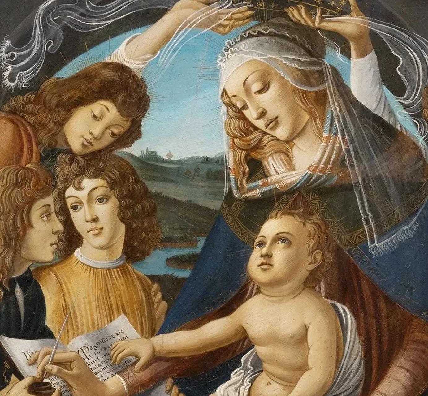 波提切利圆形木板油画"圣母颂"16世纪一群天使们正围绕着圣母,圣母