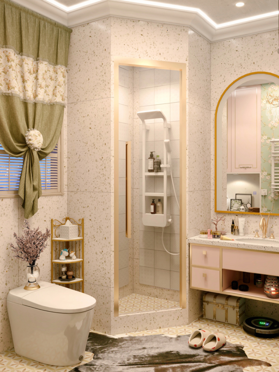 入门一眼被这间复古轻法式浴室所惊艳,精致的水晶吊灯的仿佛电影场景